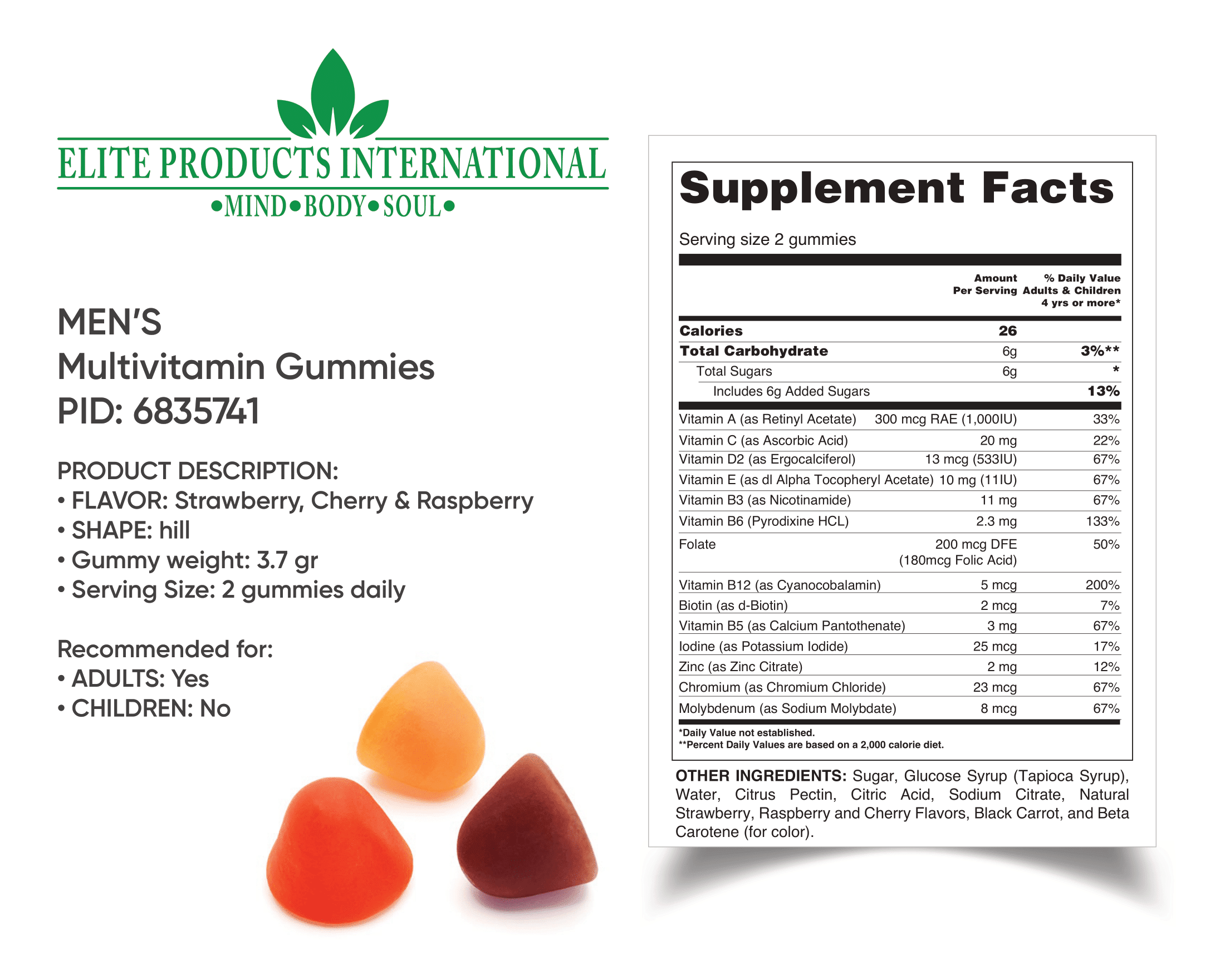 Men’s Multivitamin Gummies Sport fortified with vitamins A, C, D3, E, B6, B3, B6, and B12